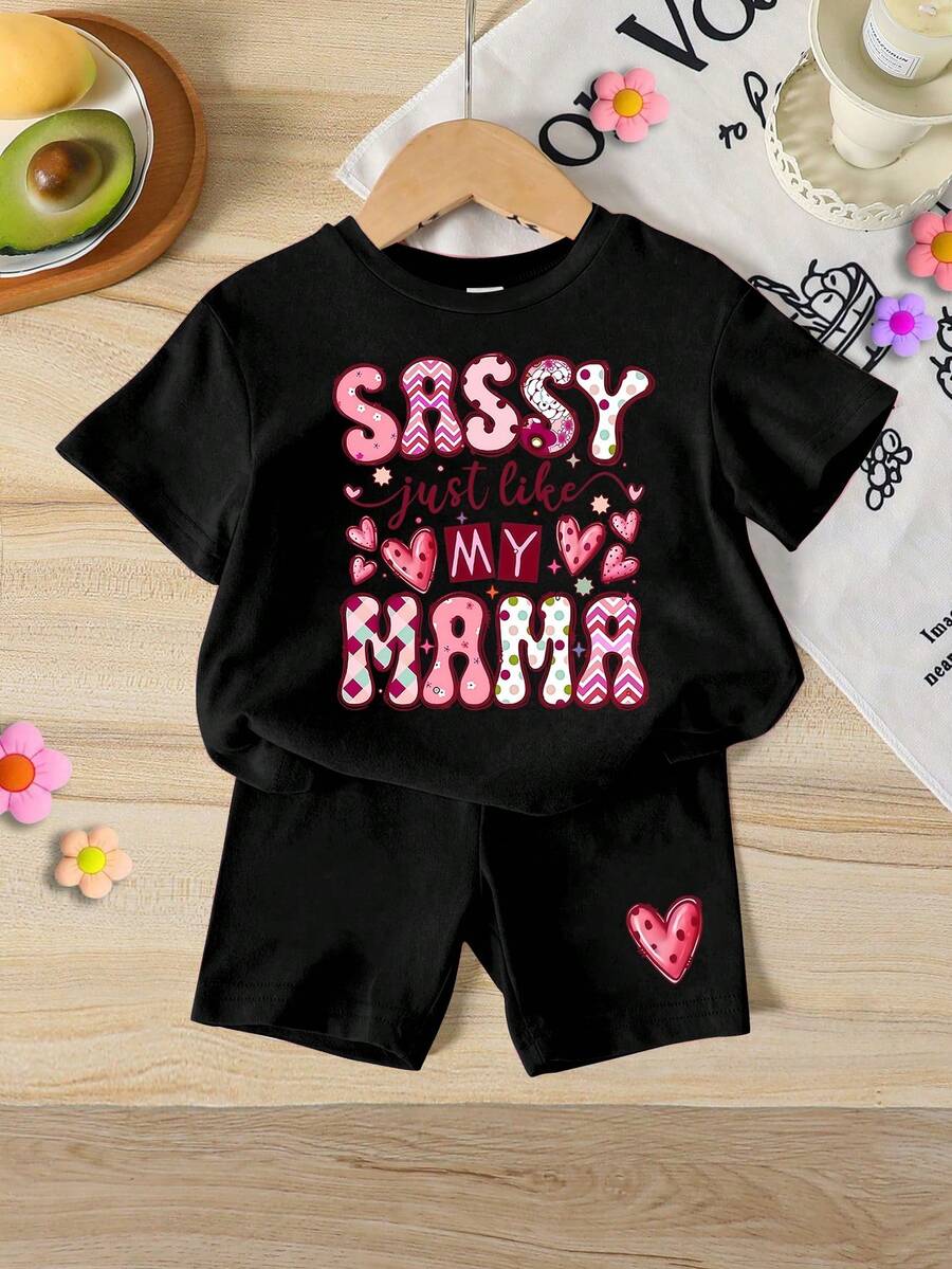 SHEIN 1 Set Baby Girls Casual Cute English Print Short Sleeve T-Shirt And Shorts Set, Summer Outfit - Multicolor - View 1