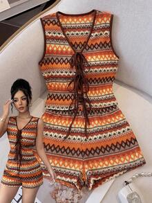 Elenzga 女士优雅针织提花几何图案V领无袖修身上衣 + 女士优雅休闲修身短裤，春夏款 - 彩色 - 查看 1