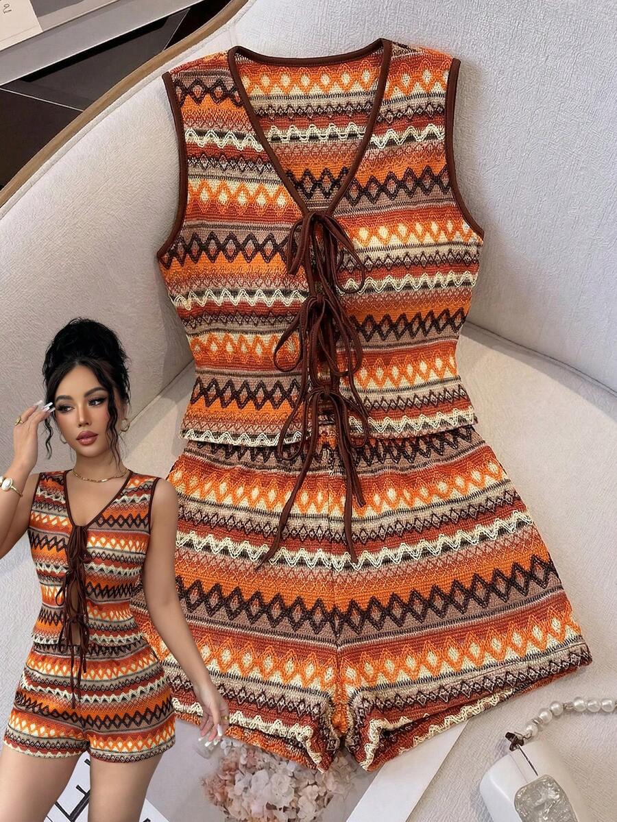 Elenzga 女士优雅针织提花几何图案V领无袖修身上衣 + 女士优雅休闲修身短裤，春夏款 - 彩色 - 查看 1