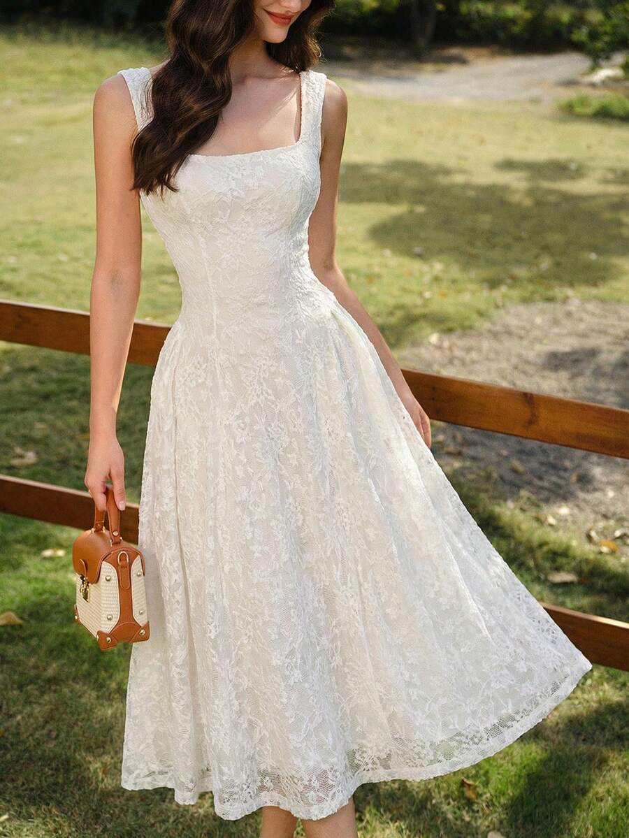 Vintamour Đầm nữ cổ điển thanh lịch, họa tiết hoa nhí, chất liệu jacquard dệt kim, ren, cổ vuông, đầm dự tiệc thường ngày, đầm hè cho nữ, trang phục hè cho nữ, đầm xuân cho nữ, đầm lễ Phục sinh cho nữ, trang phục lễ Phục sinh cho nữ, trang phục lễ hội cho nữ, đầm thanh lịch dự tiệc, đầm dự tiệc sang trọng, đầm dự tiệc cho nữ, trang phục dự tiệc, đầm dự đám cưới cho nữ, đầm dự tiệc cưới, đầm tốt nghiệp cho nữ, đầm thanh lịch cho nữ, đầm ren trắng cho nữ, đầm Zanzea cho nữ. - Màu be - Xem 1