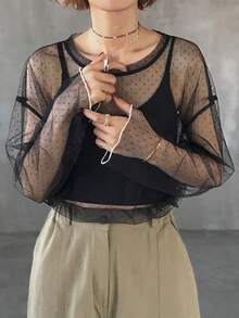 FRIFUL Blusa holgada de mujer de cuello redondo azul con superposición de malla, transparente, para primavera/verano - Negro - Ver 2