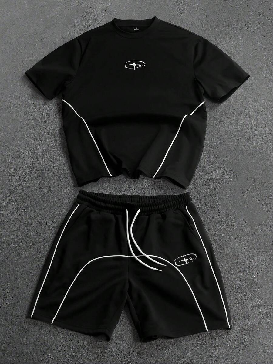 PAVTROS Men's Contrast Color Round Neck Short Sleeve T-Shirt Set, Fashionable & Versatile For Summer - Black - View 1