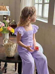 SHEIN X Scheana LMoss Kids Bộ áo liền quần dệt kim màu trơn có bèo nhún ở gấu dành cho bé gái - Màu tím hoa cà - Xem 7