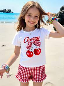 Souflis Souflis 2pcs/Set Young Girl Cherry Print Gingham Bow Decor T-Shirt And Ruffle Trim Gingham Short - Red and White - View 7