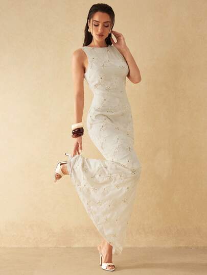 Silquee Beige Sequins Embroidered Sleeveless Round Neck Fitted Dress With Slit Hem, Elegant And Fashionable, Suitable For Romantic Dates, Beach Vacations, Weddings, Valentine's Day, Christmas, New Year, Formal Parties, Graceful And Sexy