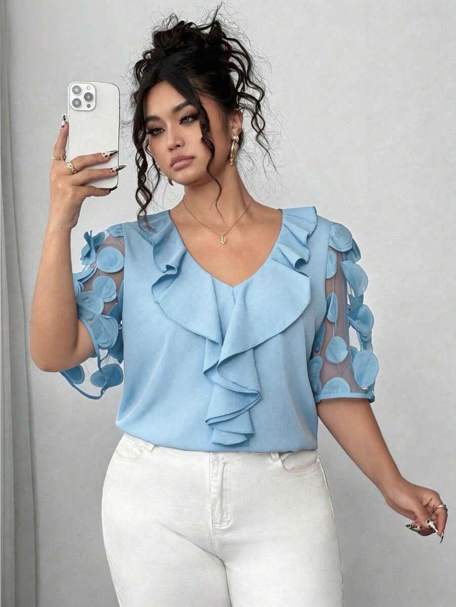 Elenzga Áo kiểu nữ cỡ lớn, tay phồng, phối lưới, màu trơn, cổ chữ V, viền bèo nhún, thích hợp cho mùa hè. - Màu xanh lam - Xem 1