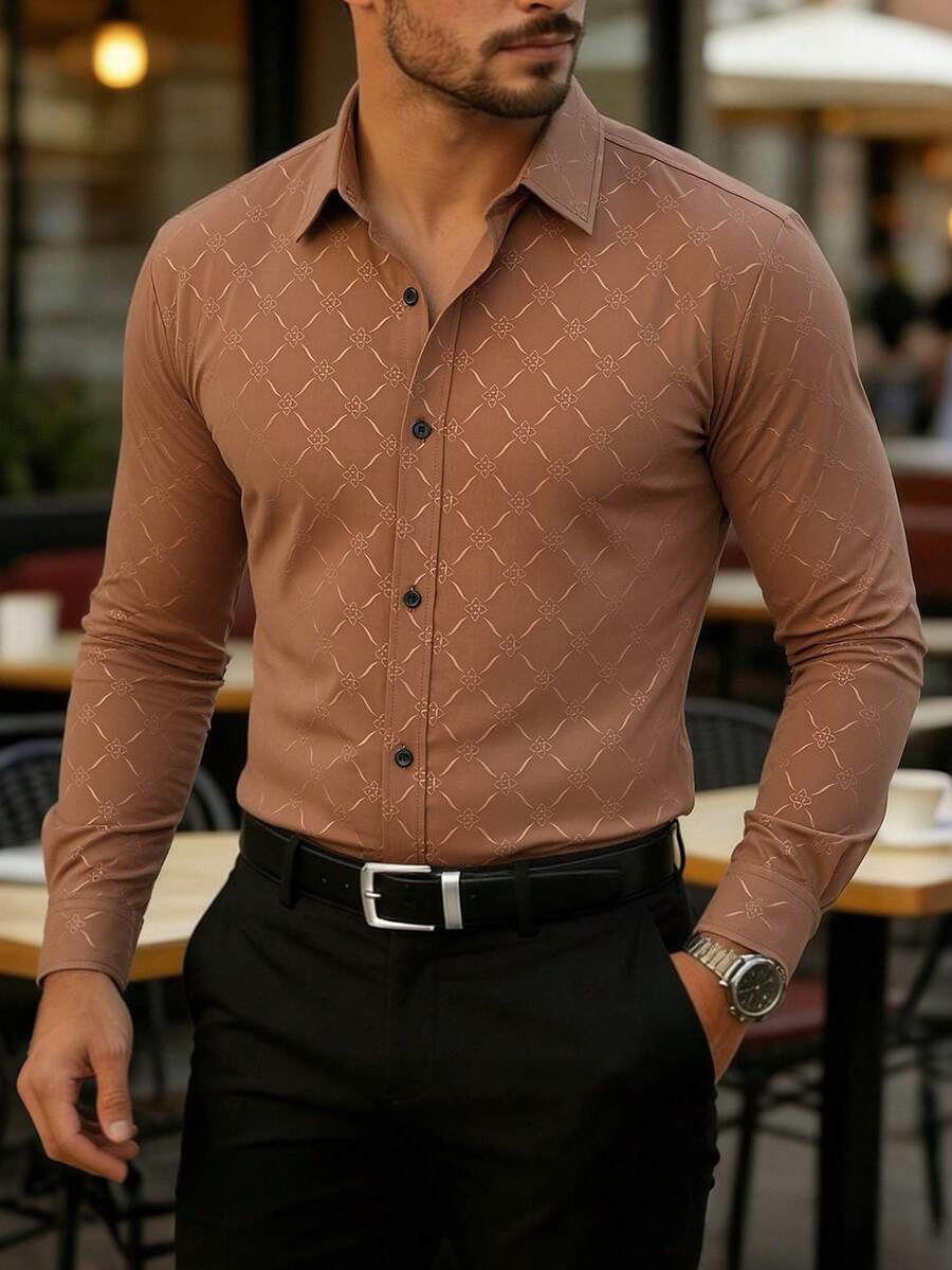 Manfinity Mode Áo sơ mi nam công sở dài tay cài nút vừa vặn, áo sơ mi nam dài tay, mùa thu - Cà phê nâu - Xem 1