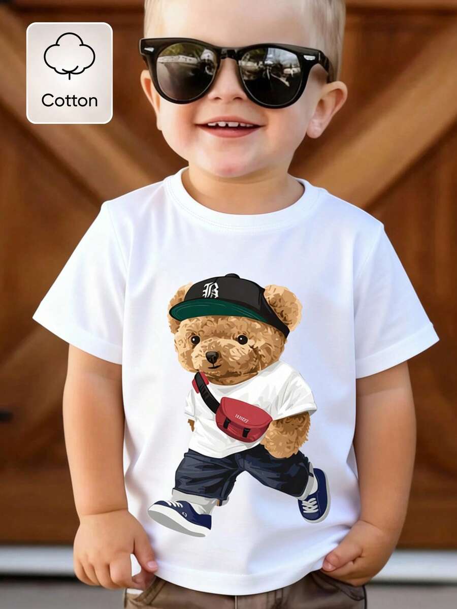 男婴可爱小熊印花短袖T恤，夏季 - 白色 - 查看 1