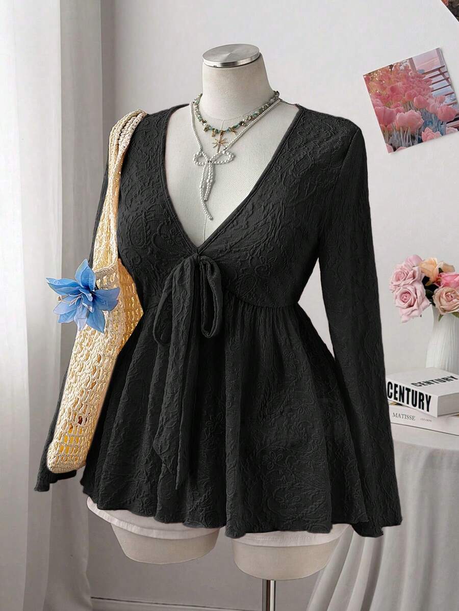 Sweetra 大码女式休闲通勤腰果花印花长袖T恤 - 黑色 - 查看 1