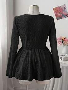 Sweetra 大码女式休闲通勤腰果花印花长袖T恤 - 黑色 - 查看 2