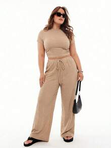 SHEIN EZwear Co-Ords Ukuran Plus Kolor Simpul Lettuce Trim Plaid Plain Casual - Khaki - View 1