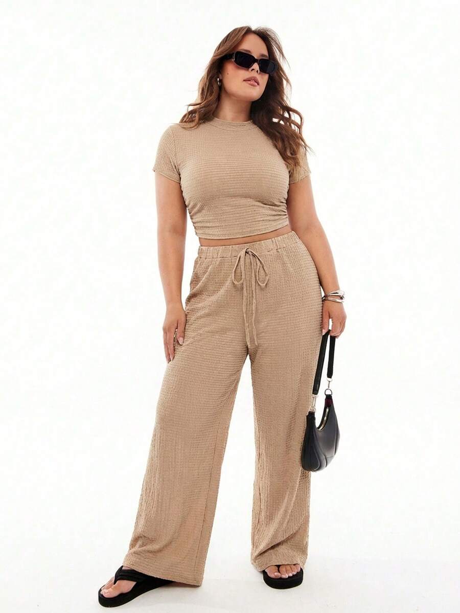 SHEIN EZwear Co-Ords Ukuran Plus Kolor Simpul Lettuce Trim Plaid Plain Casual - Khaki - View 1