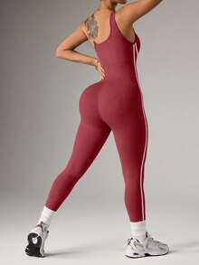 Dewbera Women's Seamless One Shoulder Jumpsuit,White And Burgundy Summer Athleisure Gym Outfit,Slim Fit Side Line Design Yoga Workout One Piece Activewear - Burgundy - View 2