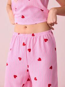 Bonmuse 女士泡泡褶皱条纹爱心印花吊带背心和裤子睡衣套装 - 粉色 - 查看 7