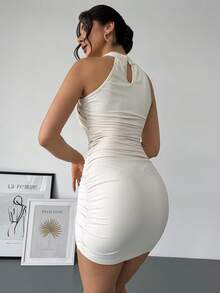 Rafferiza Women's Short Dress With Neck Tie, Cross Front, Ruched Waist And Hem - Apricot - View 2