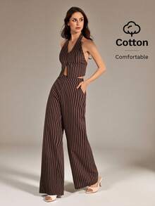 SHEIN Tall 咖啡棕色条纹OL V领露背无袖上衣+阔腿裤，显瘦修长套装，棕色条纹两件套，条纹阔腿裤，无袖吊带上衣，吊带上衣和裤子套装，女士阔腿裤套装 - 咖啡棕 - 查看 8