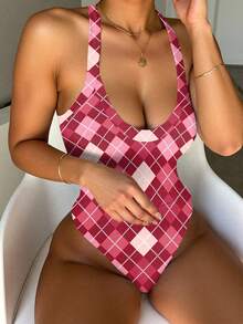 女士时尚性感数码格子印花连体衣 - 彩色 - 查看 3