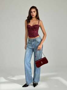 SHEIN Tall 性感蕾丝透视吊带背心，派对装扮，约会装，通勤装，可爱抹胸，性感夜店上衣，束身胸衣，无肩带上衣，外出上衣，夏季上衣，可爱上衣，女士夏季穿搭，蕾丝上衣，束身胸衣，秋冬叠穿 - 酒紅色 - 查看 6