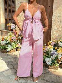 SHEIN 2 piezas Conjunto de top de tirantes y pantalones a rayas minimalista para uso diario de maternidad - Rosa - Ver 4