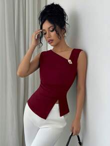 SHEIN Elenzya 女士时尚优雅纯色不对称肩部吊带背心 - 酒紅色 - 查看 3