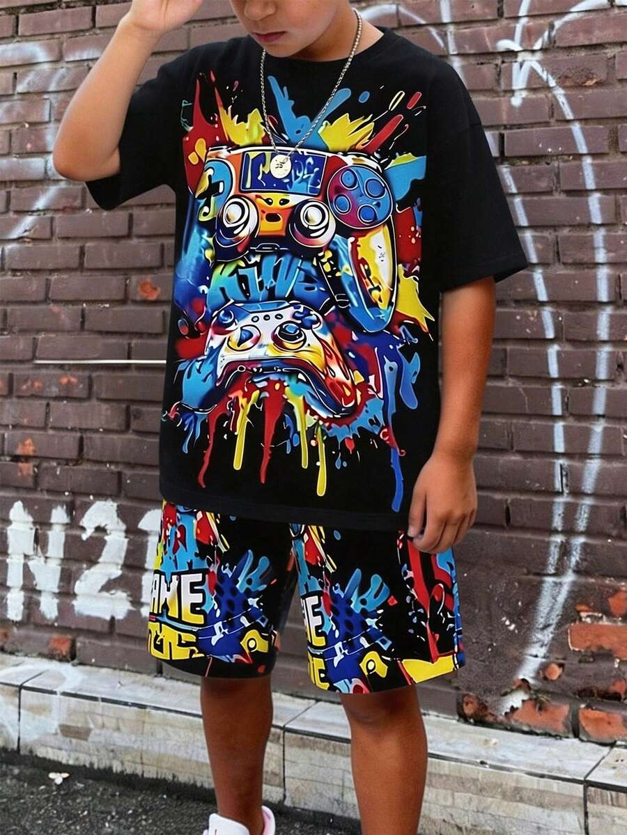 SHEIN 2件套青少年男童彩色泼墨图案游戏T恤和口袋短裤套装，夏季 - 彩色 - 查看 1