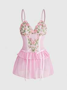 ROMWE Kawaii Delicate Embroidered Floral Wireless Ruffle Bow Sexy Lingerie Set For Women - Pink - View 1