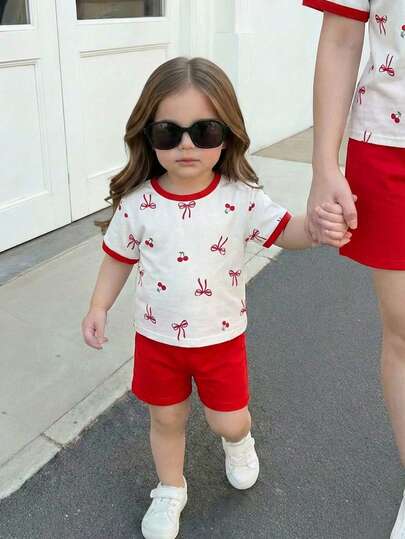 SHEIN Baby Girl Cute Cherry Print Knit Short Sleeve T-Shirt And Elastic Waist Shorts Set, Summer