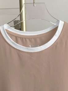 SHEIN Áo thun ngắn tay cổ tròn phối màu dành cho nữ cỡ lớn - Màu Khaki - Xem 3