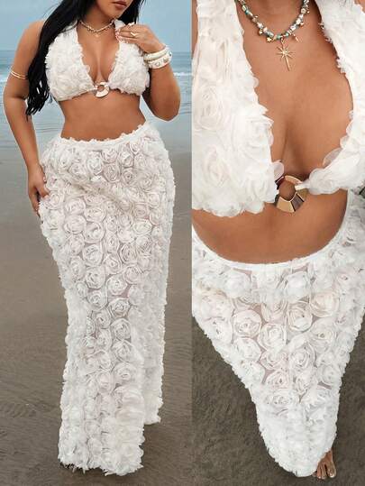 Rustia Elegant Sexy 3D Floral Rose Spaghetti Strap 2 Pieces Set For Party, Banquet