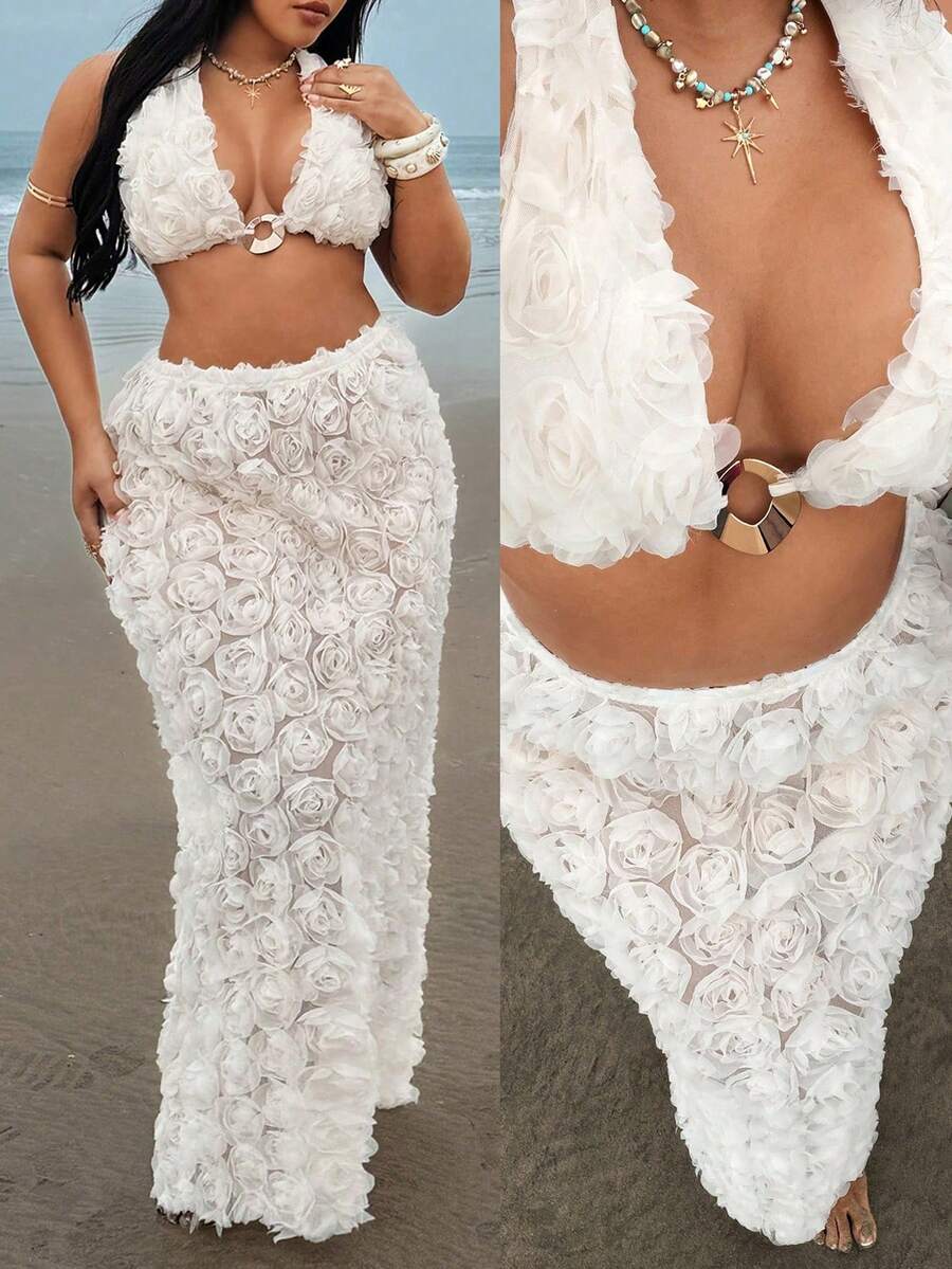 Rustia Elegant Sexy 3D Floral Rose Spaghetti Strap 2 Pieces Set For Party, Banquet - Apricot - View 1
