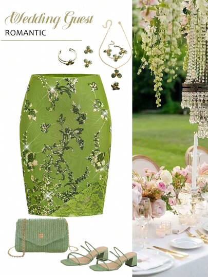Ellevyn Women's Fashionable & Elegant Sequin Bodycon Mini Skirt, Suitable For Wedding  Floral Dresses For Women  Green Skirt   Sequin Skirt   Party Outfit  Wedding Guest Skirt  For Women  Birthday Skirt 
Summer Women's Comfortable, Loose, Elegant, Casual, Versatile, Sequined Embroidery, Elegant And Sexy Lace Patchwork Green Midi Skirt For Parties