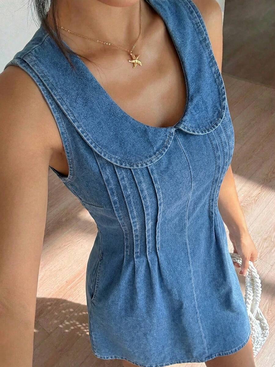 Sunnyshic 时尚翻领水洗休闲牛仔连衣裙 - 中等水洗藍 - 查看 1