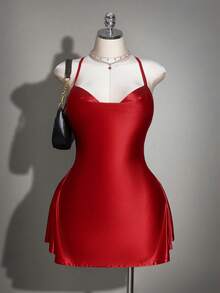 SHEIN ICON 大码女式纯色性感露背吊带垂褶领连衣裙，夏季 - 紅色 - 查看 6