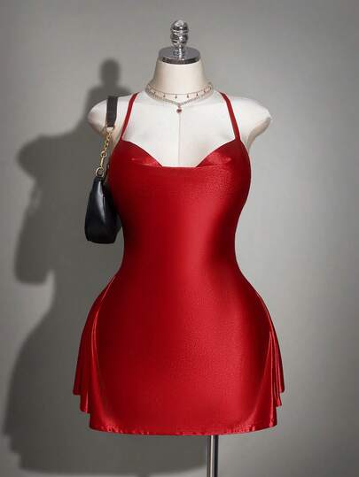 SHEIN ICON Đầm nữ cỡ lớn màu trơn gợi cảm hở lưng, dây mảnh, cổ xếp ly, thích hợp cho mùa hè.