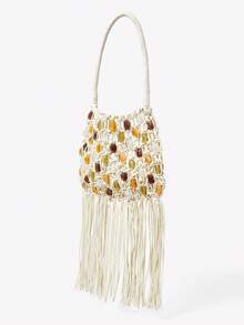 Viva Strut 女士单肩包、流浪包、钩针编织包，饰有流苏和串珠，时尚、优雅、简约、个性化、百搭，适合海滩、度假、假日、夏季、海边、沙滩派对等场合 - 米白色 - 查看 3