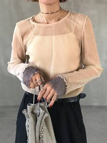 FRIFUL 女士撞色圆领长袖薄纱蕾丝拼接休闲百搭上衣，秋冬款 - 杏色 - 查看 5