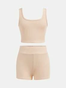 SHEIN Girlism 少女修身休闲圆领背心和骑行短裤多件套 - 深灰色 - 查看 7