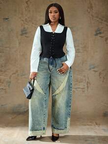 Truni 大码纯色前系带宽松休闲衬衫 - 黑色 - 查看 6