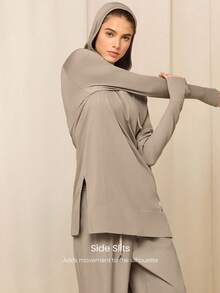 GLOWMODE Ultrafine Soft Seamless Run Your Way Mid-Length Thumbholes Side-Split Hem Seamless Hoodie Medium Impact Training Running Gym Workout Daily Active Wear - Khaki - View 3