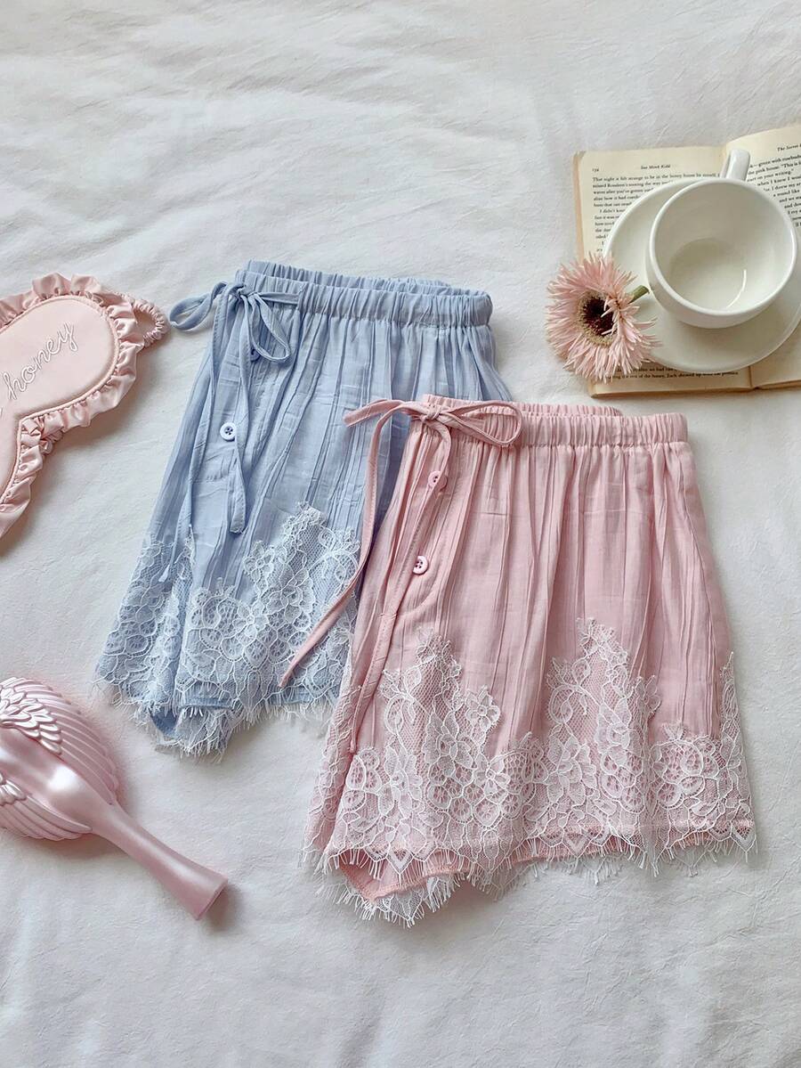 Comfortcana 2 pièces Shorts d'été décontractés pour femmes avec patchwork en dentelle - Multicolore - Voir 1