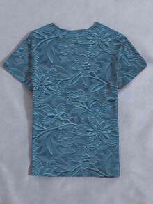 EMERY ROSE 女士仿碎花圆领上衣，舒适休闲短袖T恤，适合日常穿着 - 霧霾藍 - 查看 2