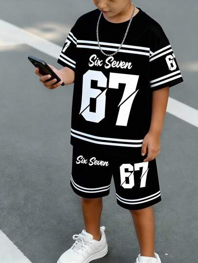 2pcs/Set Boys' Casual Creative Graphic Number 67 Striped Black & White T-Shirt And Shorts Set, Comfortable Daily Wear For Spring, Summer & Autumn