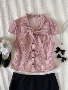 Comfortcana Women's Elegant Pink Polka Dot Tie Neck Cap Sleeve Blouse,Summer Tea Party Casual Top,Holiday Y2k Work Outfits,Country Style Button Front Shirt - Pink - View 5