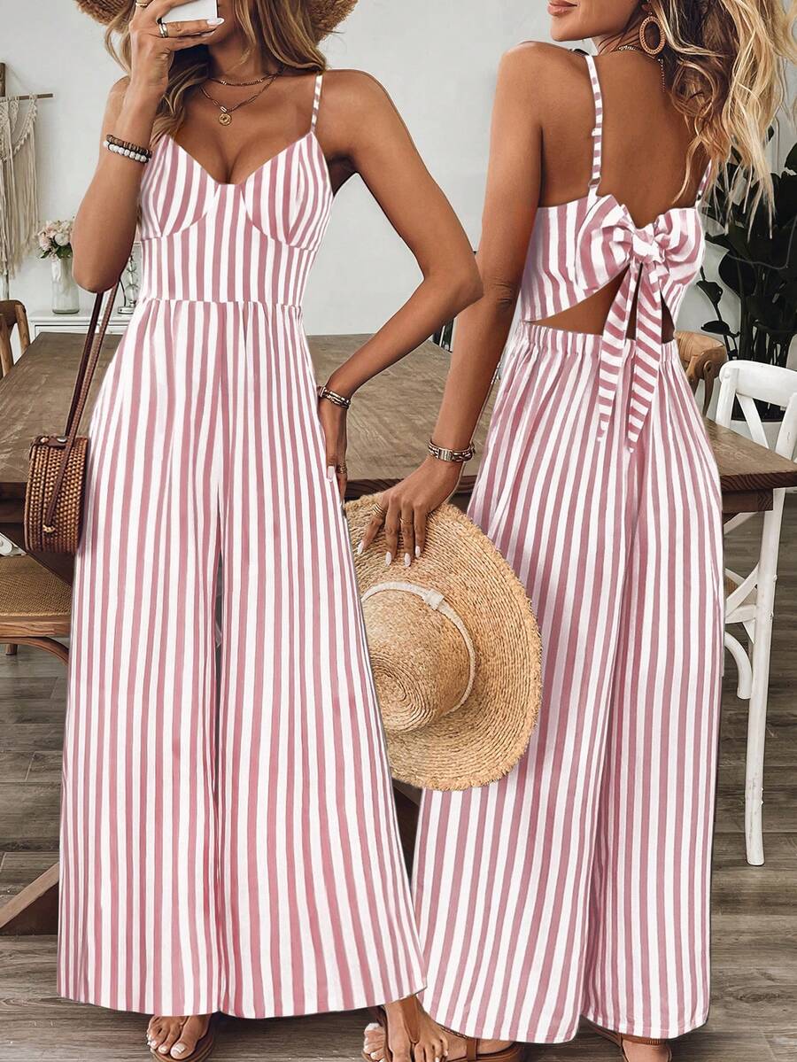 Breezaya Damen lässiger Jumpsuit mit Blume Muster, weiter Passform, mit Spaghettiträgern und offenem Rücken, für Frühling/Sommer - Pink - Übersicht 1
