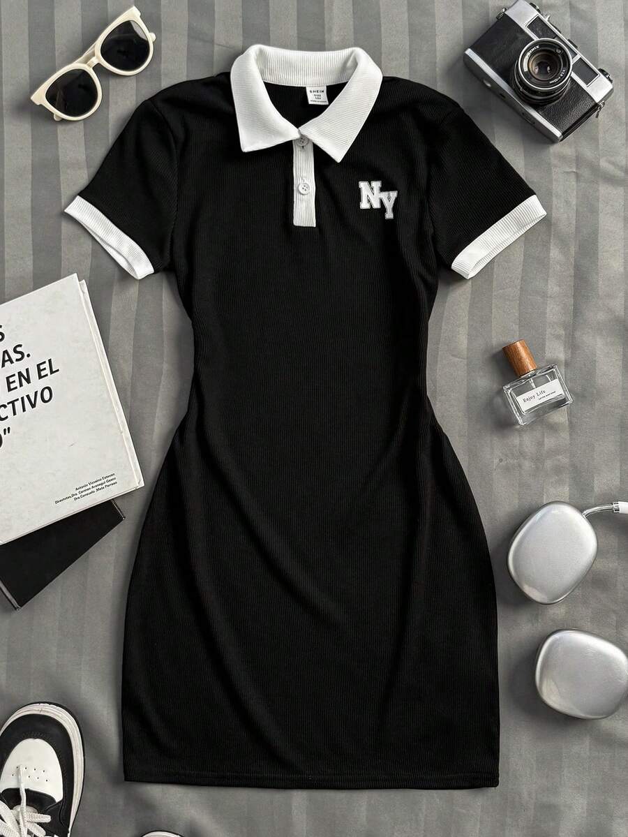 Tween Girl Casual School Daily Black & White Contrast Color Collared Snug Fit Dress With NY Print - Black and White - View 1