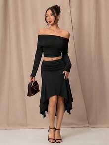 SHEIN PETITE 女士优雅休闲不对称褶皱棕色半身裙，春夏黑色半身裙 - 黑色 - 查看 7