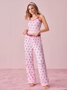 Bonmuse 2pcs Contrast Trim Camisole & Bowknot Cherry Print Women Knit Pajama Set - Multicolor - View 5