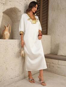 Franclia Vestido longo feminino estilo Oriente Médio, solto, com bordado em cores contrastantes, para primavera/verão. - Branco - Ver 4
