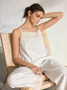 Ocili Bộ đồ ngủ nữ màu trơn gồm áo hai dây và quần dài - trắng - Xem 2