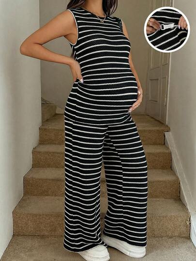 SHEIN 2pcs Maternity Striped Top And Adjustable Waist Wide Leg Pants Casual Daily Outfit